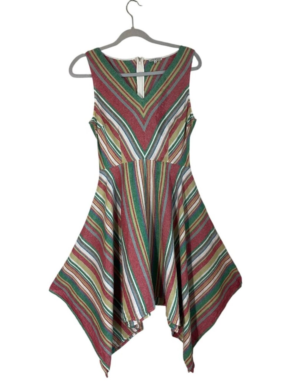 Lace & Mesh M Striped Handkerchief Hem Sleeveless Dress Linen Cotton Multicolor